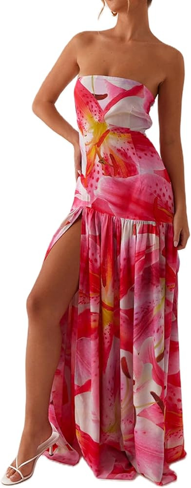 UAURORAO Women Floral Strapless Maxi Dress Flowy Y2k Flower Backless Tube Long Dress Drop Waist R... | Amazon (US)