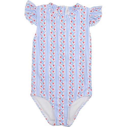 Red And Blue Floral Striped Lycra Swimsuit | Cecil and Lou