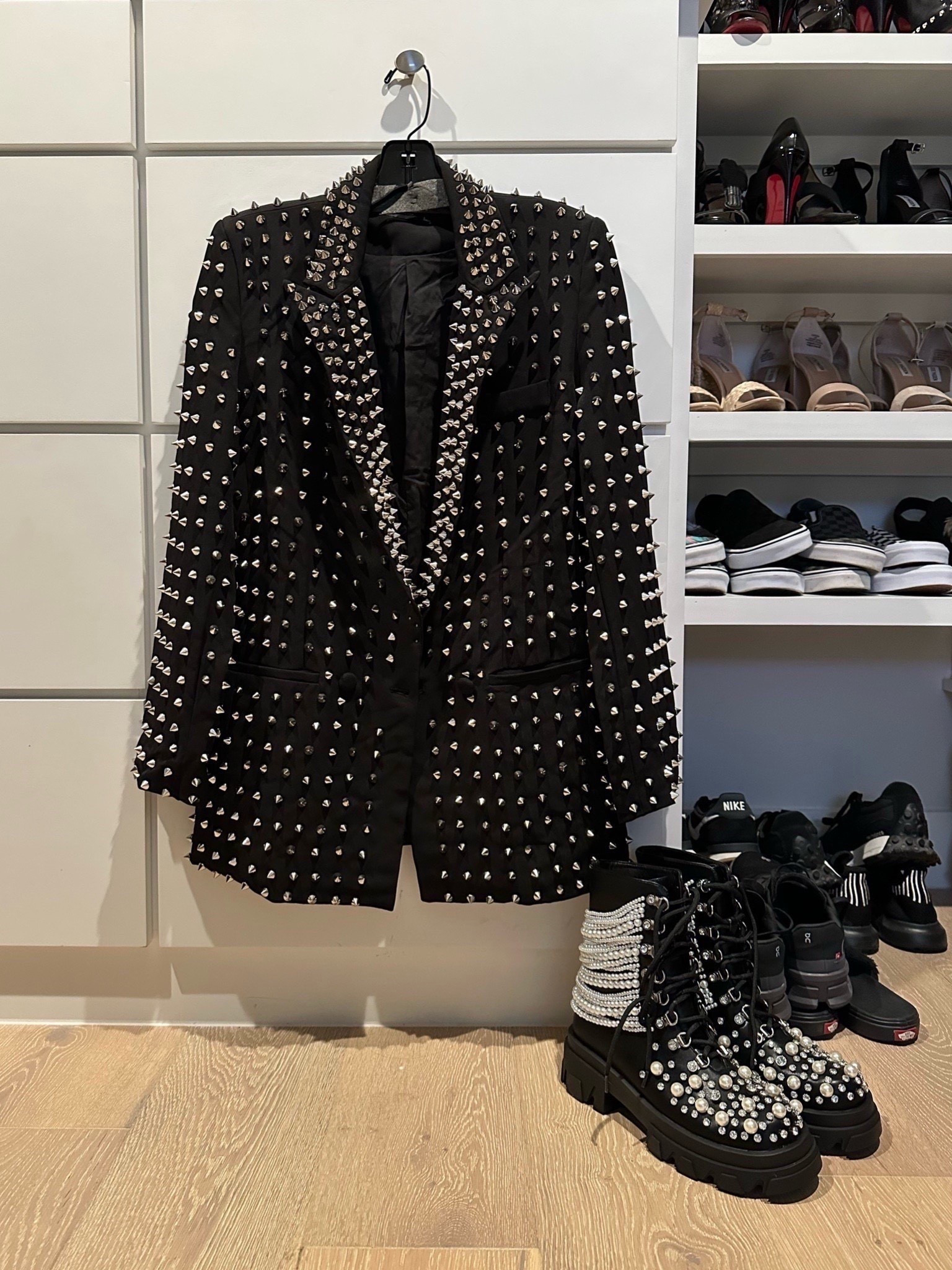 My studded blazer is back in stock!! I wear the small. 