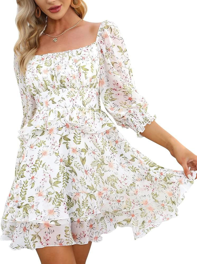 EXLURA Womens Floral Ruffle Summer Dress Sundress Tiered Square Neck Long Sleeve Off Shoulder Smocke | Amazon (US)