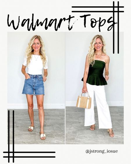 Walmart tops for summer! White scoop back tee is double lined, stretchy and buttery soft. Olive green sweater peplum top can be dressed up or down! Both come in black too! 

#LTKstyletip #LTKfindsunder50