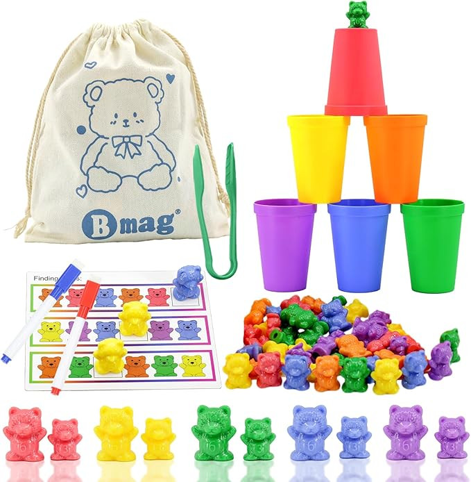 Bmag Counting Bears with Matching Sorting Cups, Preschool Math Learning Game with 24 Big Bears, 2... | Amazon (US)