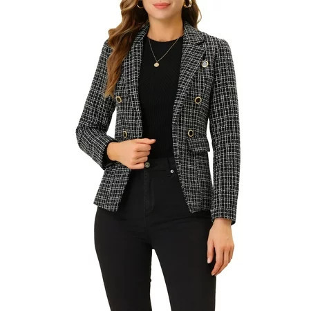MODA NOVA Juniors Notched Lapel Long Sleeve Open Front Plaid Tweed Blazer | Walmart (US)