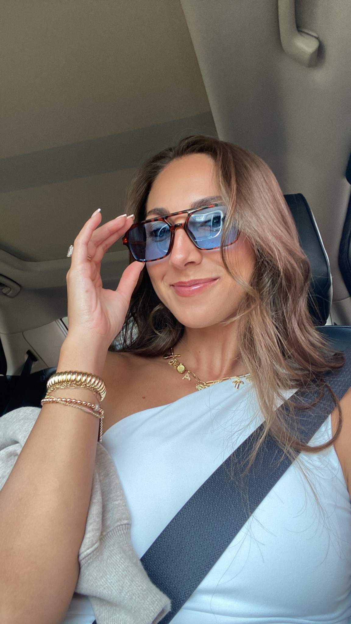 Summer date night outfit! Had to go all out with the accessories 😎 These blue lenses are so cool!! Also love this one shoulder tennis dress! So comfortable 👗 

#LTKStyleTip #LTKSeasonal #LTKBeauty