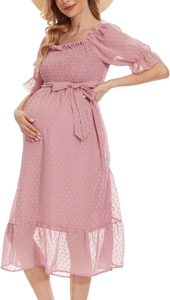 Swiss Dot Maternity Dress, V Neck Ruffle Sleeve Maternity Dresses for Photoshoot Baby Shower, Smo... | Amazon (US)