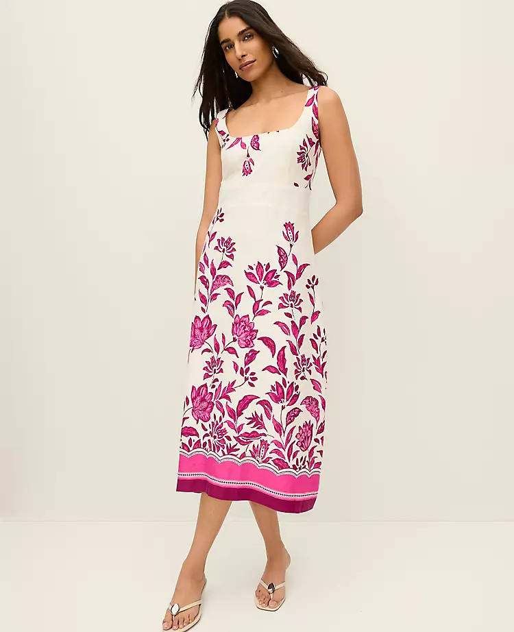 Floral Linen Blend Midi Dress | Ann Taylor