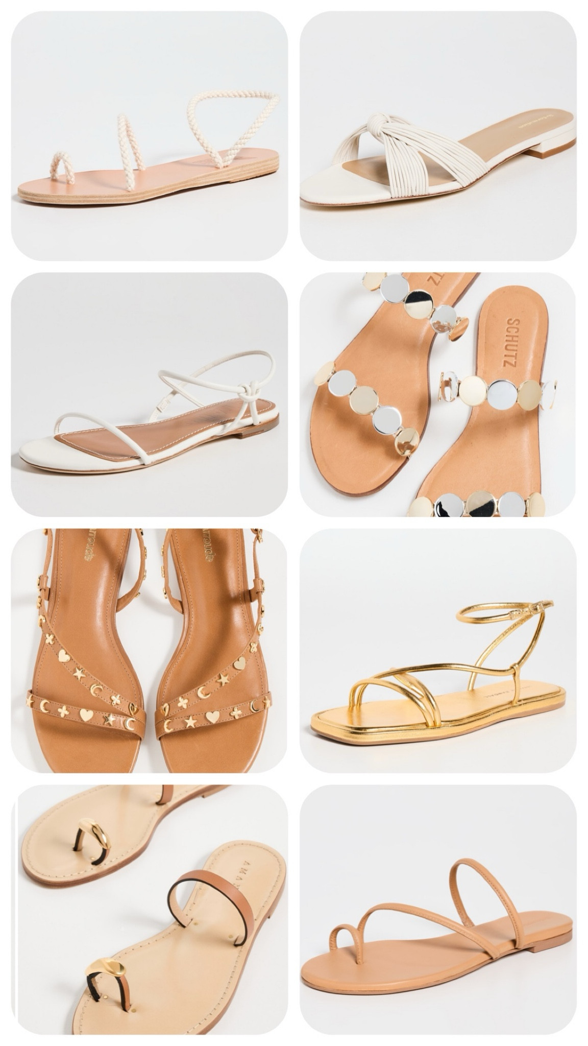White, gold, nude and silver flat sandals for Summer!