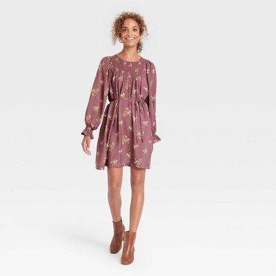 Women&#39;s Long Sleeve Tent Dress - A New Day&#8482; Purple Floral Print XS | Target