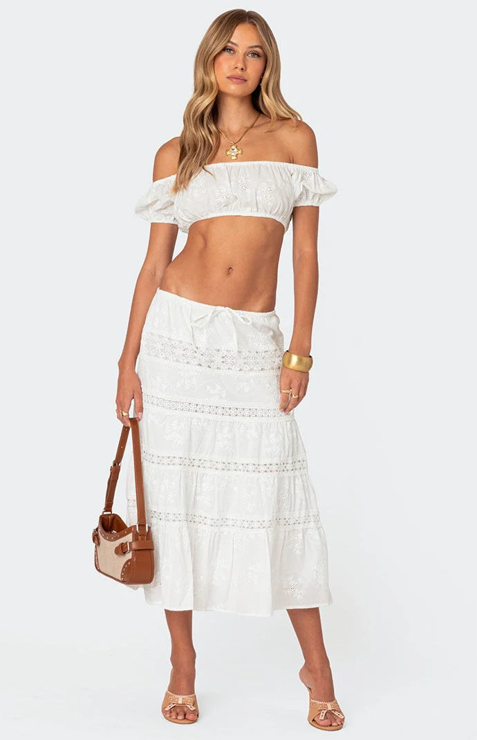 Edikted Women's Tiered Cotton Lace Midi Skirt in White - Size XL | PacSun