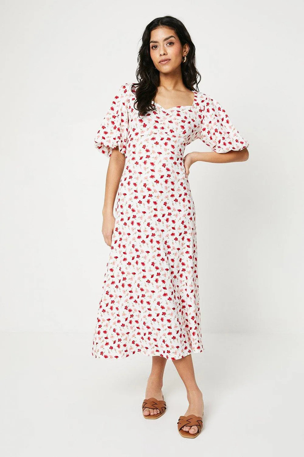 Ivory Dorothy Perkins Petite Ditsy Ruched Front Puff Sleeve Jersey Midi Dress | Debenhams | Debenhams UK