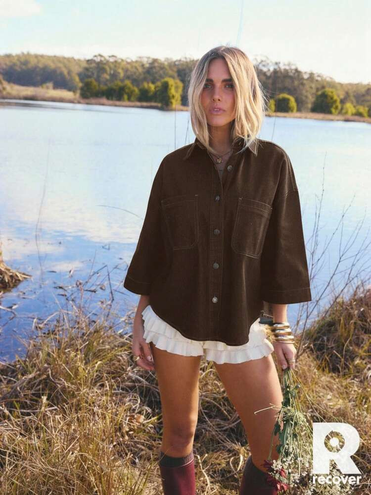 Aralina Women's Casual Single-Breasted Loose Denim Blouse With Pockets, 3/4 Sleeve | SHEIN