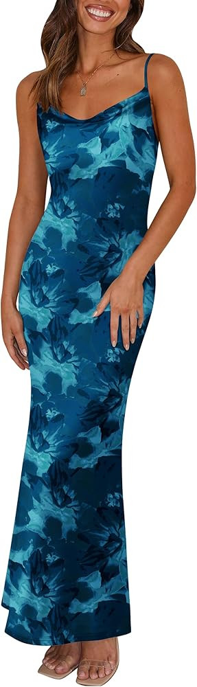 PRETTYGARDEN Women's 2024 Summer Floral Spaghetti Strap Maxi Dress Stretch Sexy Bodycon Dress Bac... | Amazon (US)