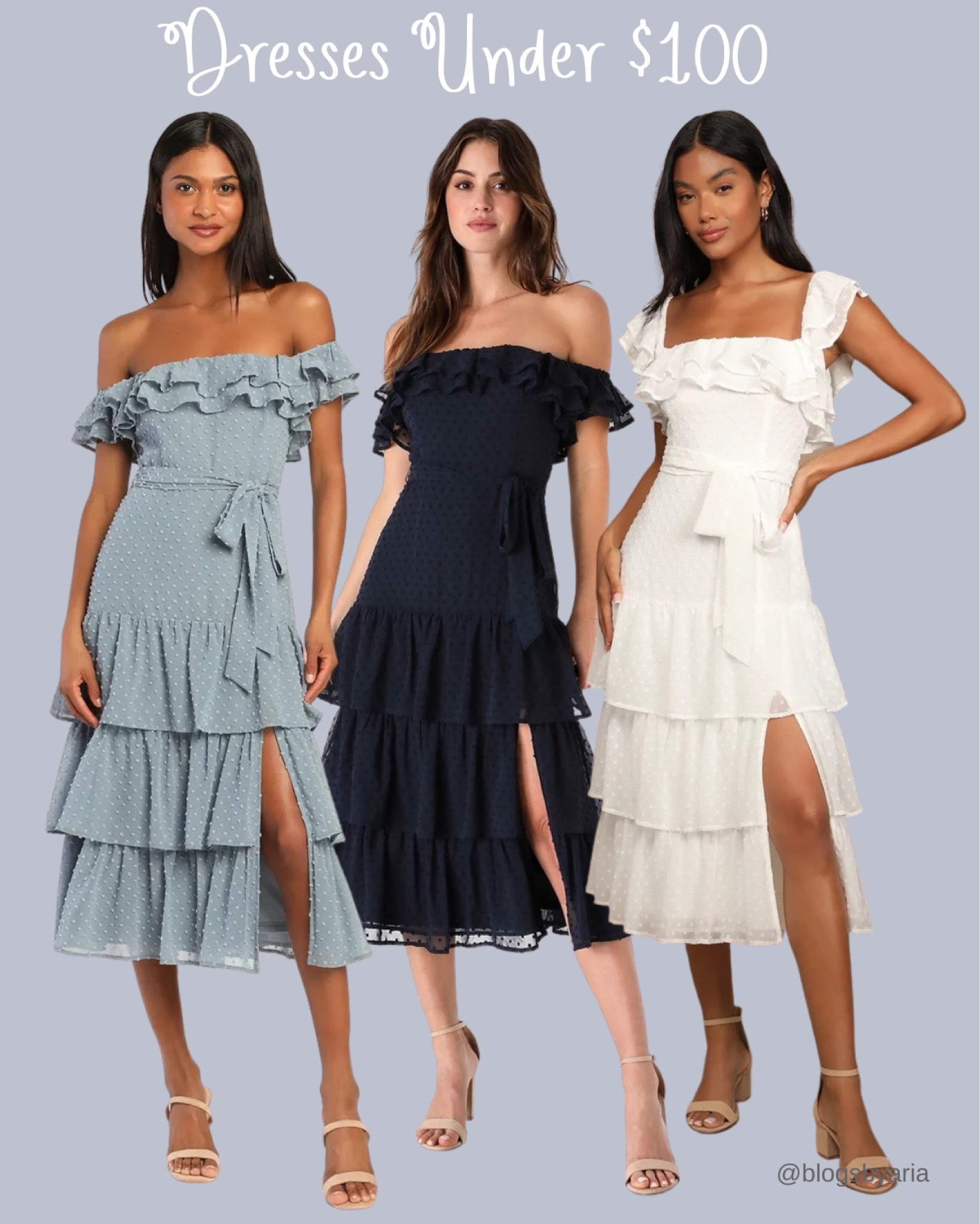 Spring dress under $100. Wedding guest dress under $100. Bridal shower dress under $100. you're just going to fall in love with the Lulus Dear To My Heart Slate Blue Swiss Dot Tiered Ruffled Midi Dress! Woven fabric, with dainty Swiss dots throughout, shapes this dress with an elasticized square neckline and ruffled short sleeves with elastic that can be worn on or off the shoulder. The figure-skimming silhouette has a matching tie at the waist and a flouncy tiered midi skirt with a front slit. Hidden back  #ltkfind #ltkseasonal 

#LTKunder100 #LTKstyletip #LTKwedding