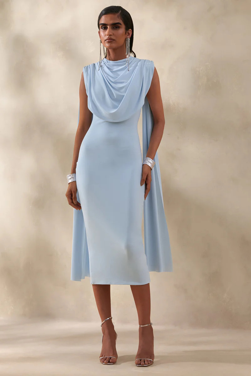 Lysandria  Powder Blue High-Neck Midi Dress With Draped-Detailing | Club L London