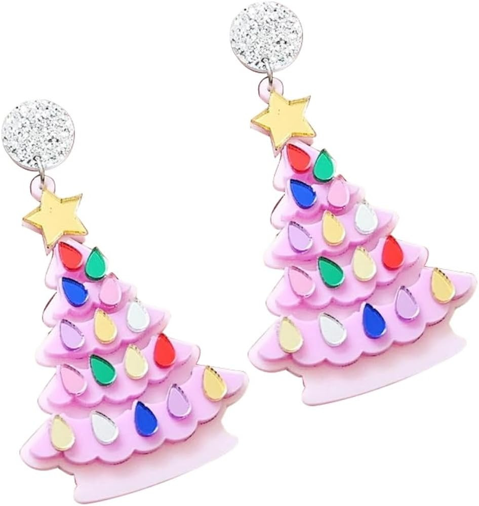 Pingyongchang Christmas Tree Reindeer Glitter Acrylic Dangle Drop Earrings for Women Cute Cartoon... | Amazon (US)