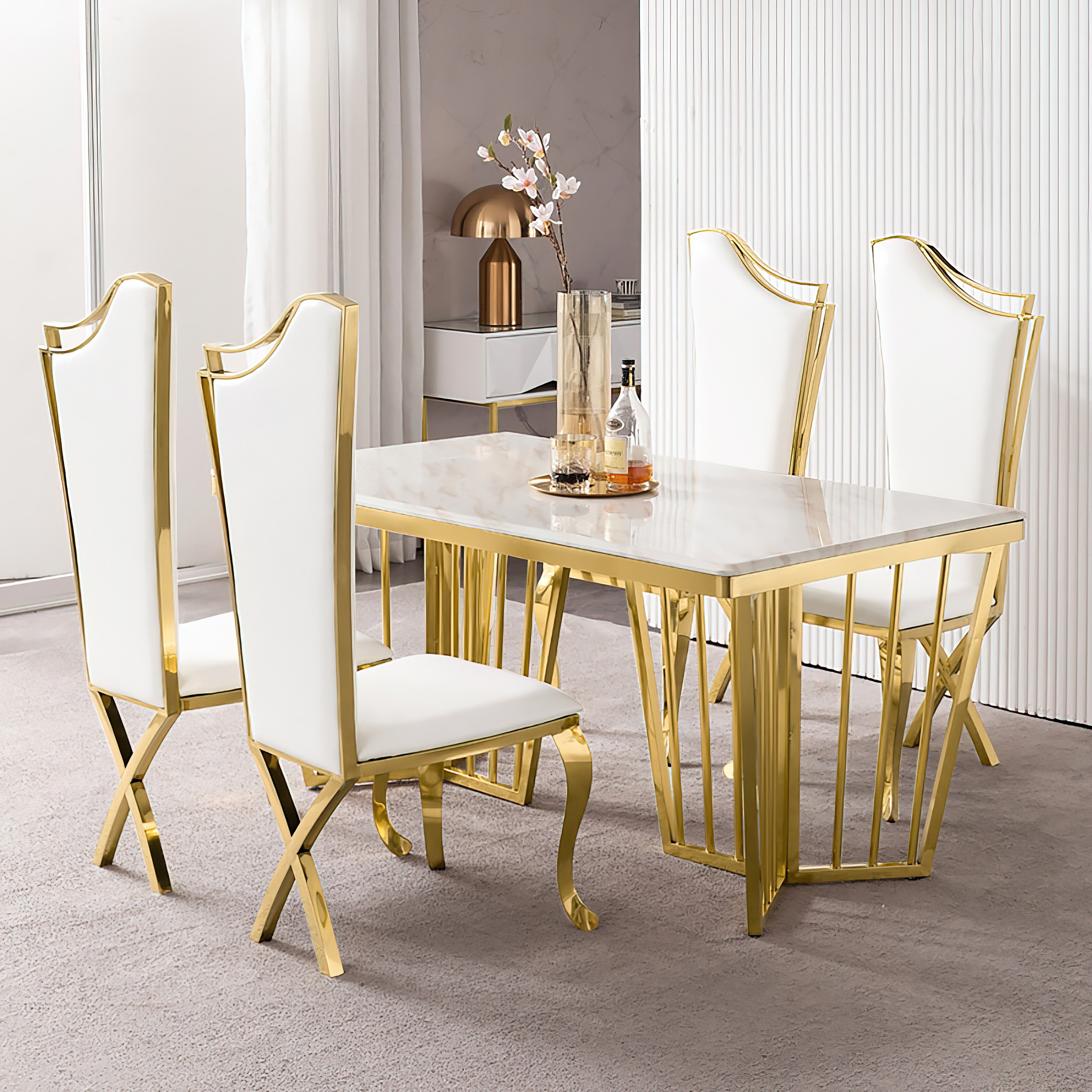 White Upholstered Dining Chairs 8-Pieces Stainless Steel Side Chair with Gold Legs | Homary
