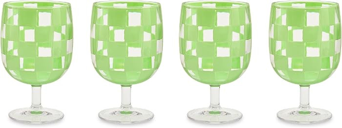 MACKENZIE-CHILDS Set of 4 Acrylic Water Goblets, Stemmed Water Glasses, 13.5 Ounces, Green Check | Amazon (US)