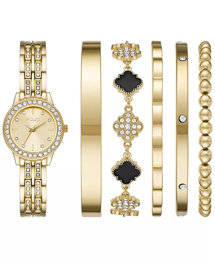 Folio Women's Three Hand Gold-Tone 27mm Watch and Bracelet Gift Set, 6 Pieces - Macy's | Macys (US)