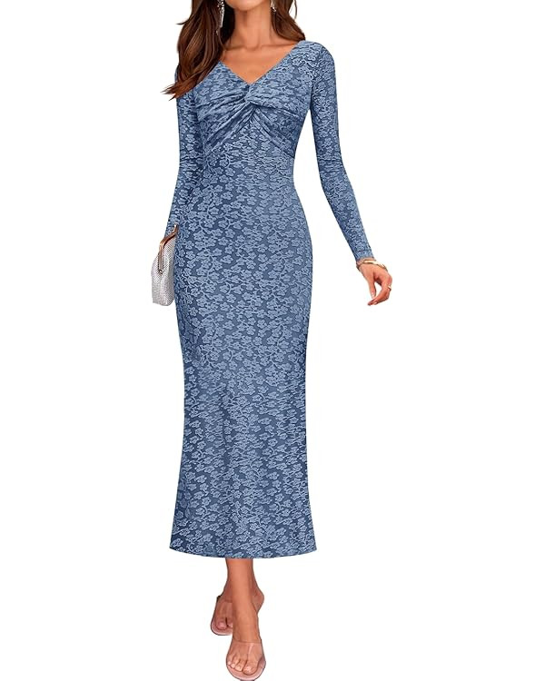 ZESICA Women's Fall Floral Long Sleeve Bodycon Dress 2025 Boho V Neck Cocktail Party Long Midi Dr... | Amazon (US)