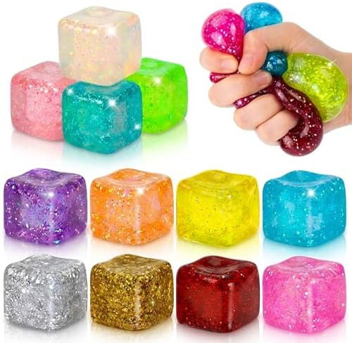 12 Pack Glitter Stress Cube Fidget Toys - Sensory Squeeze Toys for Stress & Anxiety Relief, Squis... | Amazon (US)