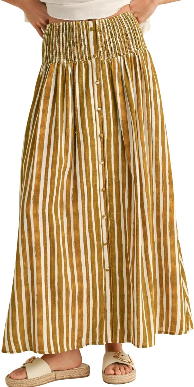 InterNos Womens Striped Maxi Skirt Trendy Front Buttons Elastic Waistband A-Line Boho Long Skirt with Pockets | Amazon (US)