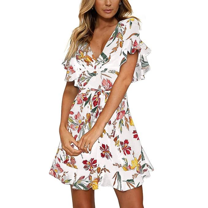 Fashionme Casual Ruffled Sleeve Asymmetric Cross V-Neck Dress Floral Print Short Mini Summer Dres... | Amazon (US)