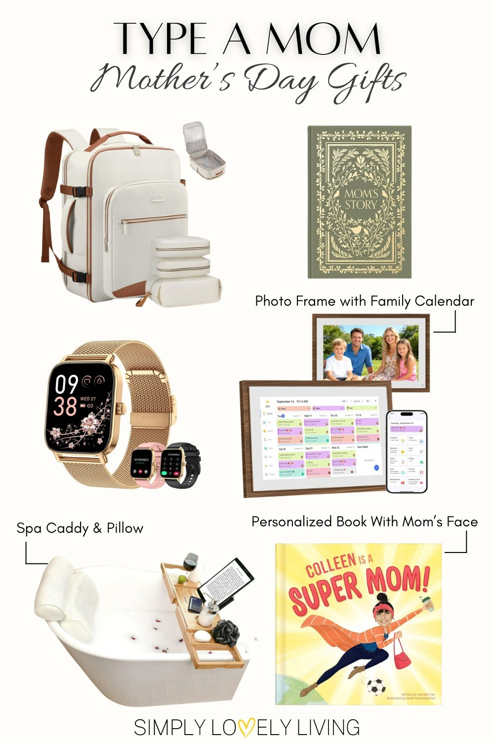 Type A Mom - Mother's Day gifts. Many pocket fashionable backpack. Mom's story journal. Gold Smart watch. Digital picture frame with family planner. Spa caddy and pillow. Personalized mom book. #LTKfinds #mothersday

#LTKMothersDay #LTKmomlife