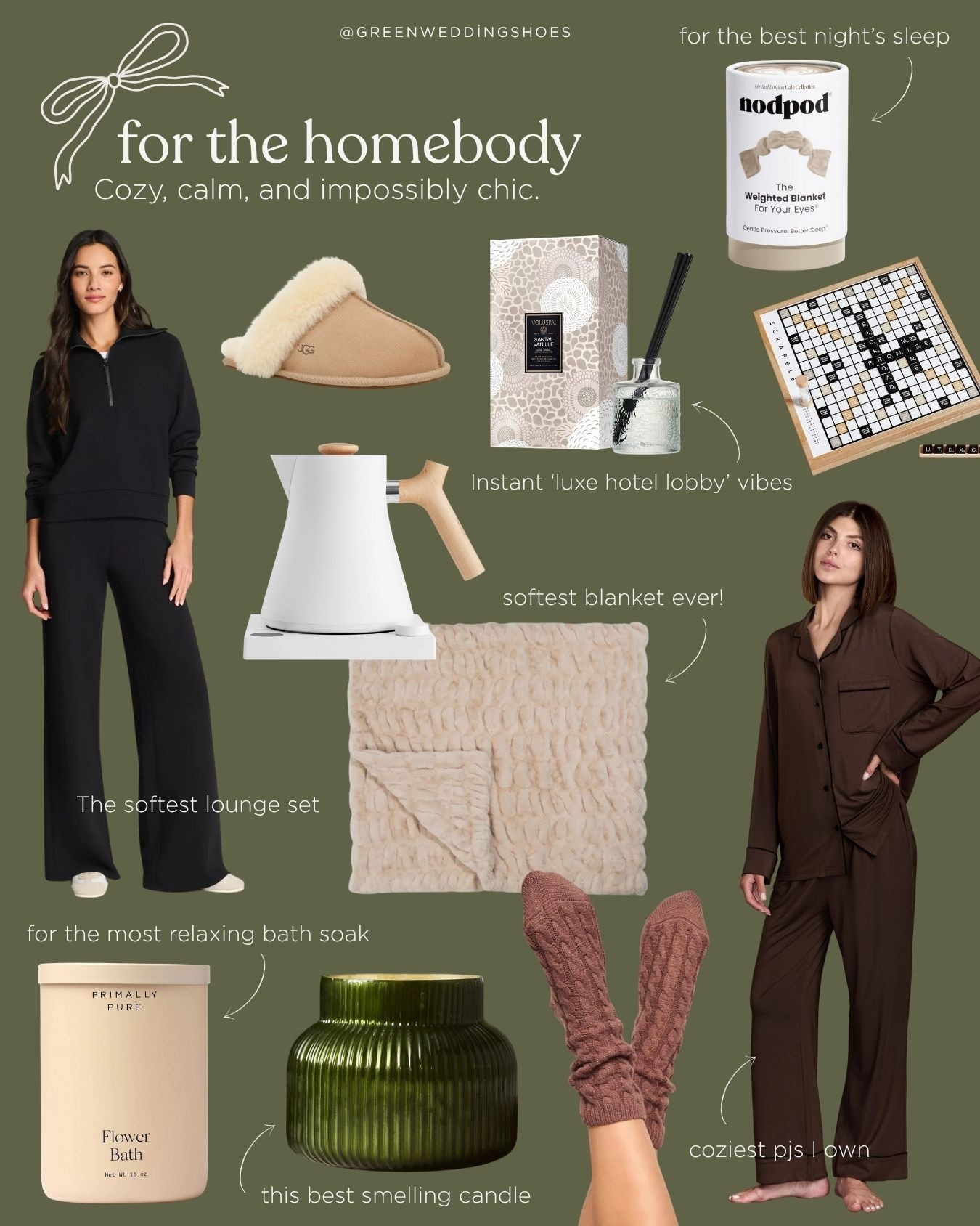 Gifts for the homebody - the person who loves chilling at home with a movie, and entertaining friends. The most gorgeous scrabble game, cozy pajamas and loungewear, a flower bath, the best smelling candles, the softest blanket ever and what makes my home smell like a five star hotel. 

#LTKHoliday #LTKGiftGuide