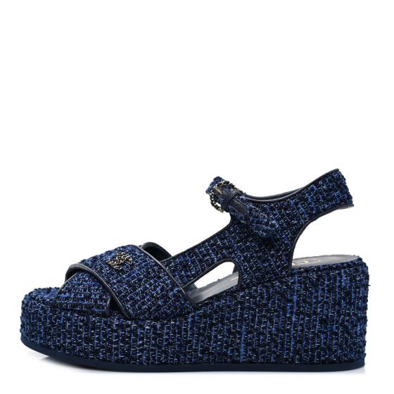 Silk Linen Tweed Quilted CC Platform Sandals 36.5 Navy Blue Gray | FASHIONPHILE (US)