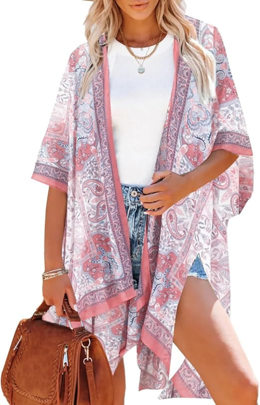Moss Rose Women's Beach Cover up Swimsuit Kimono with Bohemian Floral Print, Loose Casual Resort ... | Amazon (US)