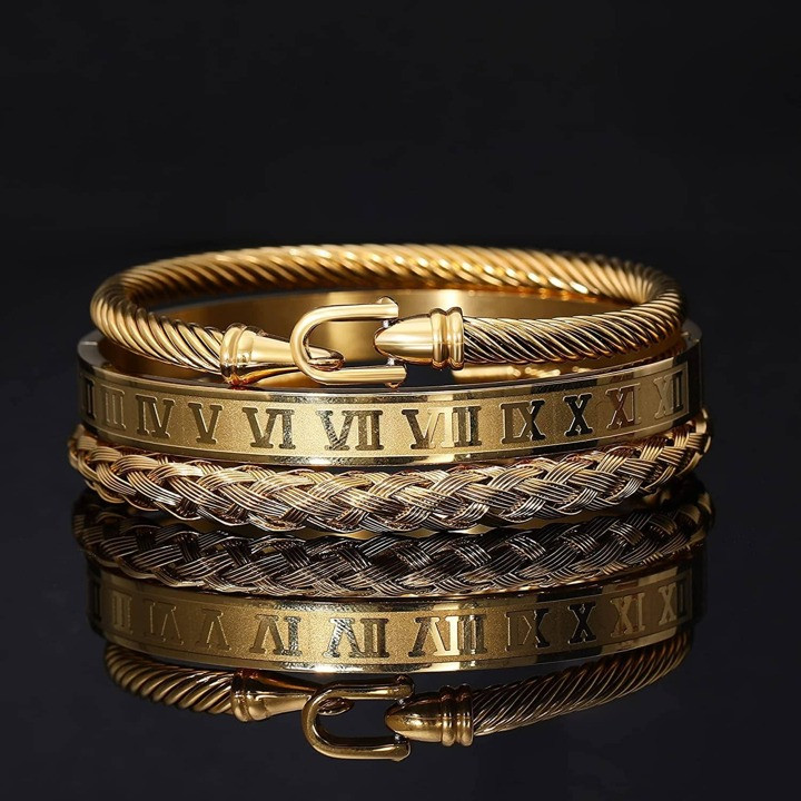 3Pcs/Set Fashion Braided & Roman Numeral Detail Bangle For Couple For Gift Stainless Steel | SHEIN