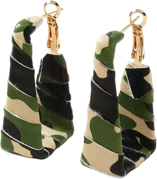 Camoflage Dangle Earrings for Women Olive Green Camo Faux Leather Huggie Hoop Earrings Perfect Ca... | Amazon (US)