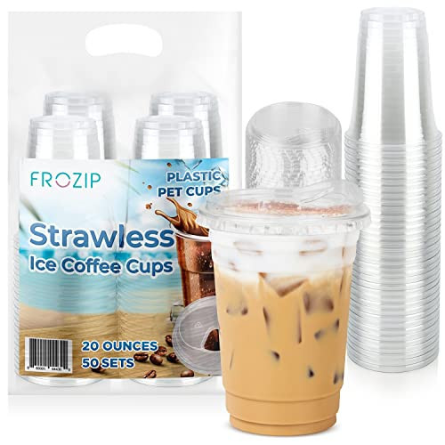 FroZip 50 Pack 20 oz Plastic Cups with Sip Lids - Strawless Clear Plastic Cups with Lid - Smoothie Cups with Lids & Iced Coffee Cups with Lids Restaurant Supplies - Disposable Clear Cups with Lids | Amazon (US)