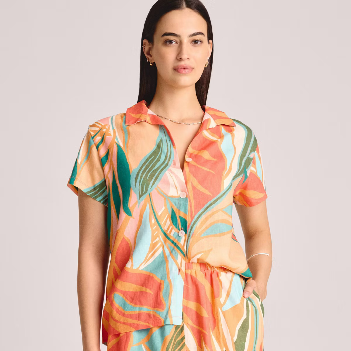 Vitamin A Women's Short Sleeve Cover Up Shirt - Multi Floral Print S: Linen Rayon Blend, Front Bu... | Target