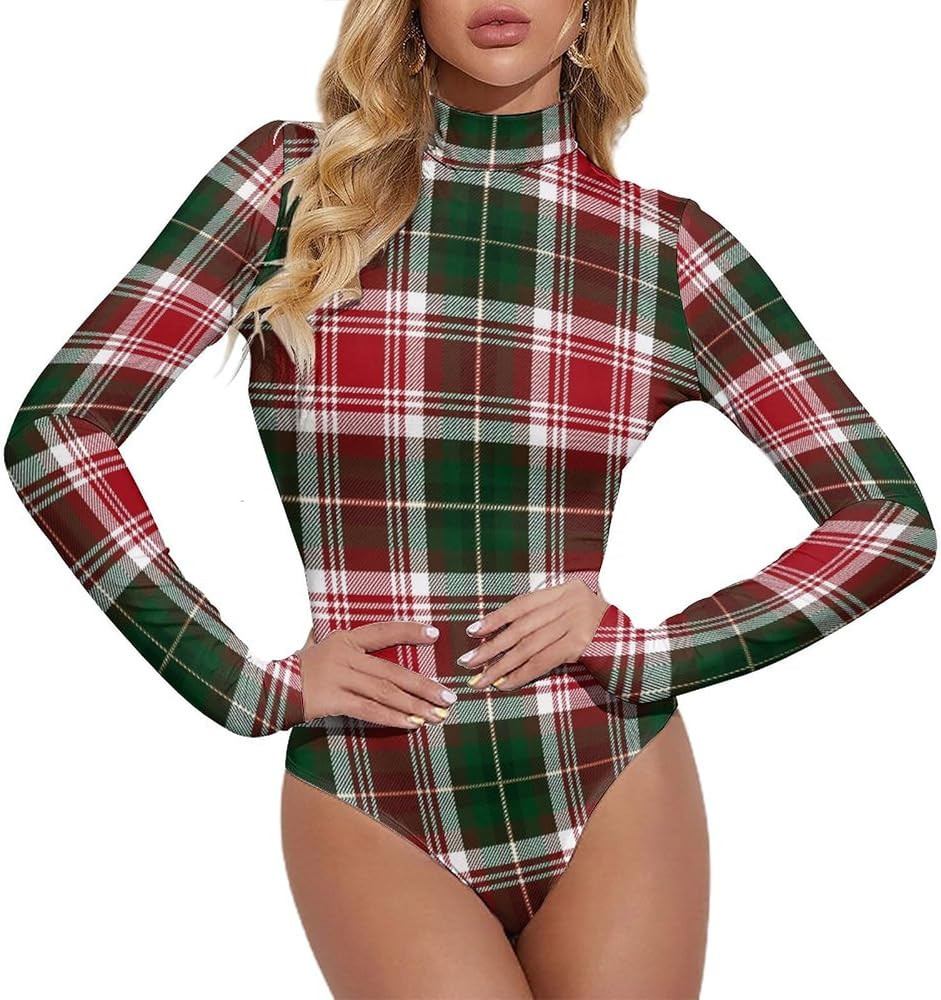 Bodysuits for Women Christmas Plaid Mock Turtle Neck Long Sleeve Basic Jumpsuit Slim Fit Spring F... | Amazon (US)