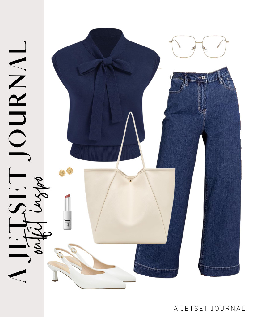 If you are looking for a navy blue outfit, this CIDER bow-tie sweater vest paired with wide-leg jeans is perfect. This Dreubea large leather tote bag and Dollger blue-light glasses go well with this look. 

#LTKSeasonal #LTKSaleAlert #LTKTravel
 

 