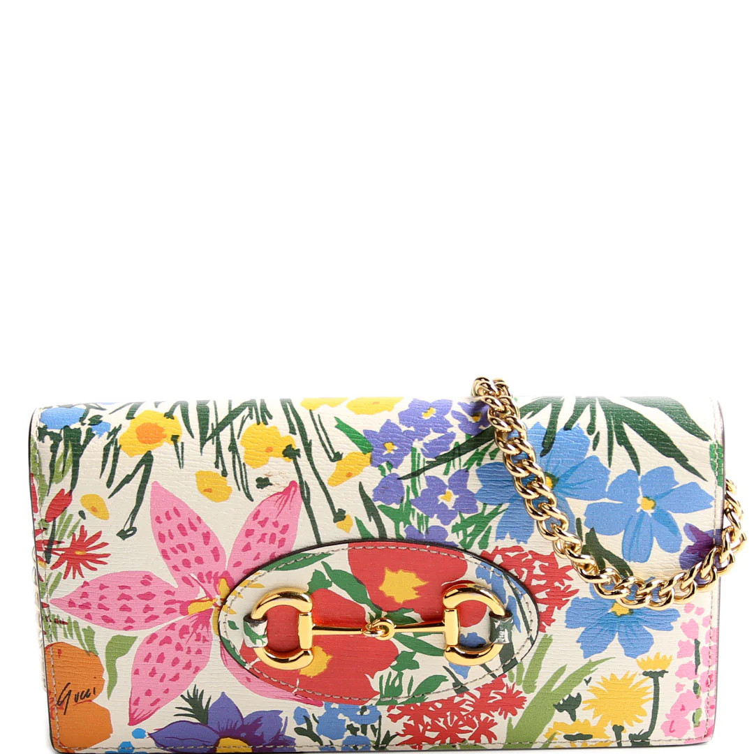 621892 Horsebit 1955 Wallet With Chain White/Multicolor | Keeks Designer Handbags