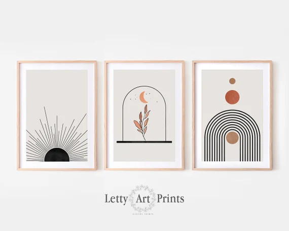 Boho Set Of 3 Prints, Mid Century Modern Wall Art Set, Sun Rainbow Flower Art Living Room Decor M... | Etsy (US)