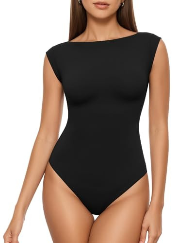 MANGOPOP Women's Boat Neck Double Lined Bodysuits Cap Sleeve Thong Basic Tank Body Suit Fitted Going Out Tops 2026, Black, Small | Amazon (US)