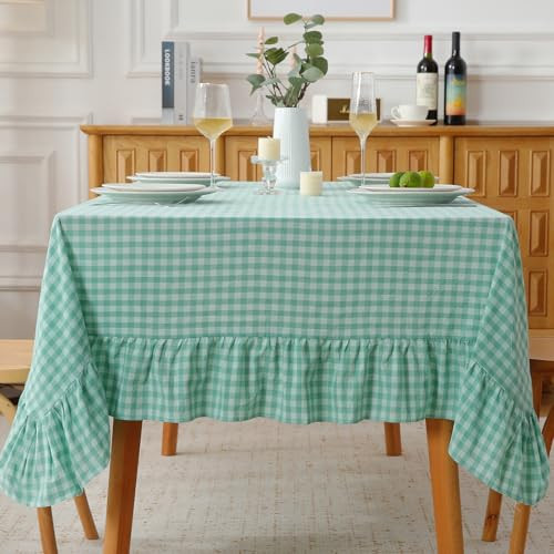 K MASANIJI Spa Blue White Plaid Gingham Ruffled Table Cloth for Rectangle Table 6-8 Seats, 100% Washed Cotton Classic Farmhouse Checker Vintage Decorative Tablecloth - 102"x60" | Amazon (US)