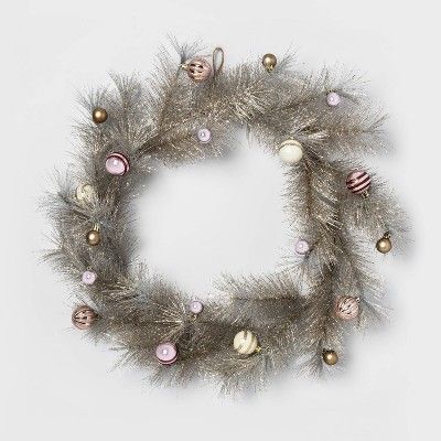 24" Hard Needle Wreath with Plastic Ornaments Gold Glittered - Opalhouse™ | Target