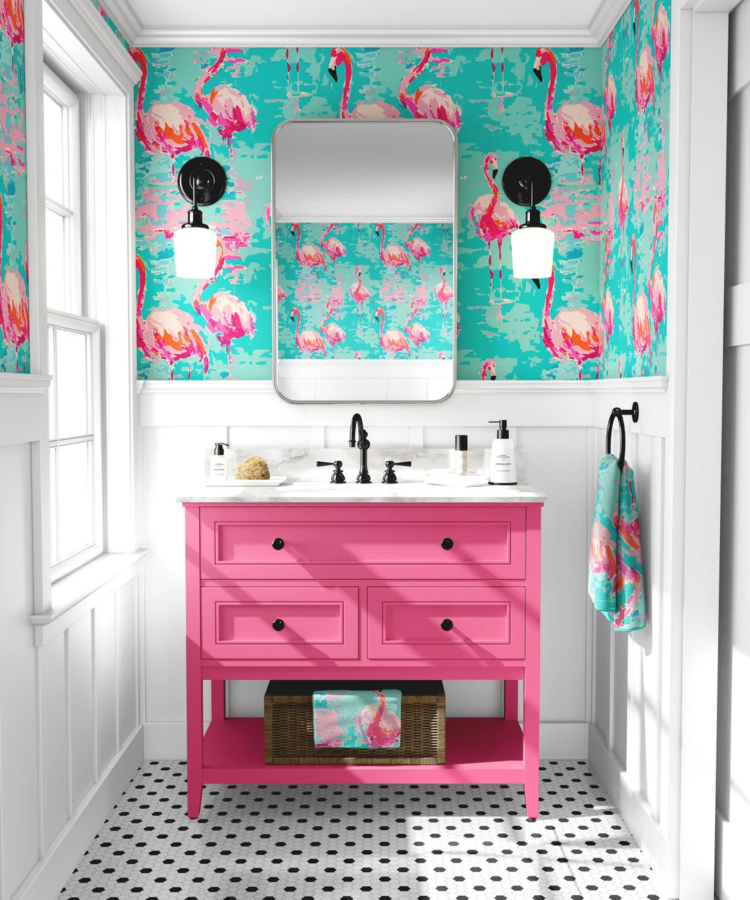 Flamingo Pattern Southern Charm Wallpaper | Tropical Aqua Pink | Coastal Preppy | Peel & Stick an... | Etsy (US)