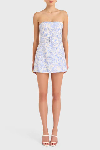 Amanda Uprichard Fae Dress in Toile Brocade in English Blue - Size L | Amanda Uprichard