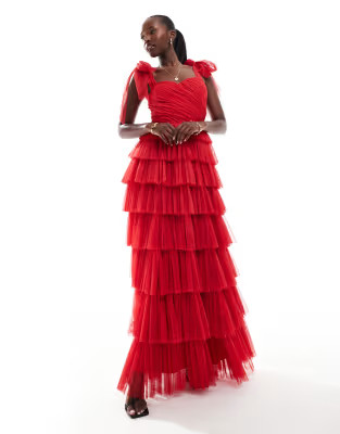 Lace & Beads bow shoulder tiered tulle maxi dress in red | ASOS (Global)
