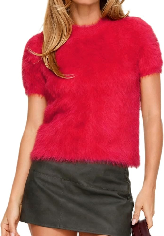 Karwuiio Womens Soft Furry Sweaters Short Sleeve Cozy Fuzzy Sweater Shaggy Knit Pullover Jumper | Amazon (US)