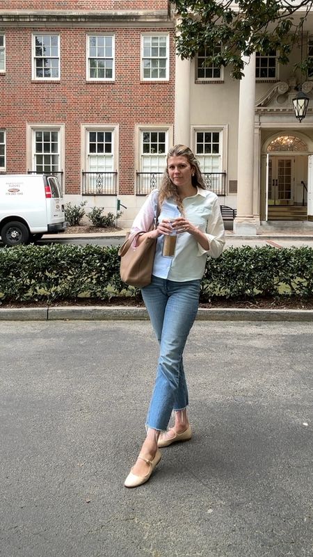 This sezane shirt is such a fun pop for spring. And everyone needs to order these raffia flats. They are so comfy and so cute  
