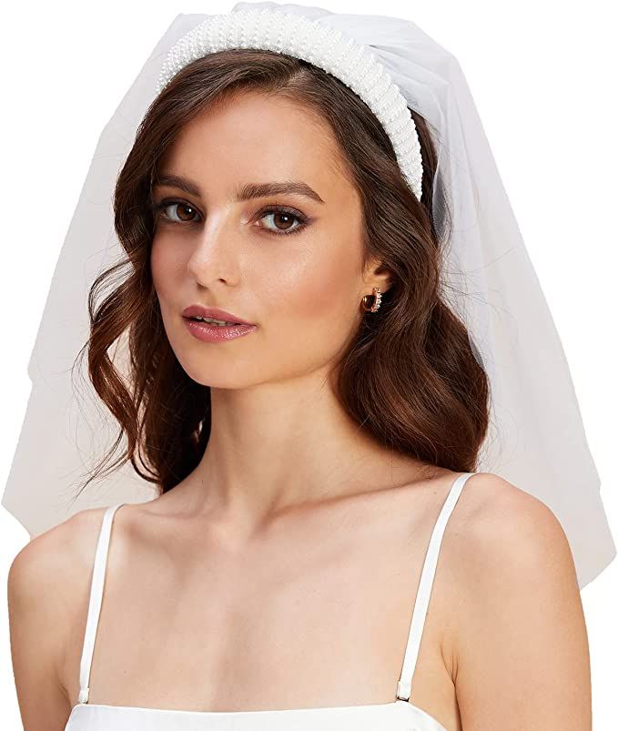 xo, Fetti Bachelorette Party Decorations Pearl Headband with Detachable Veil | White Headpiece Br... | Amazon (US)