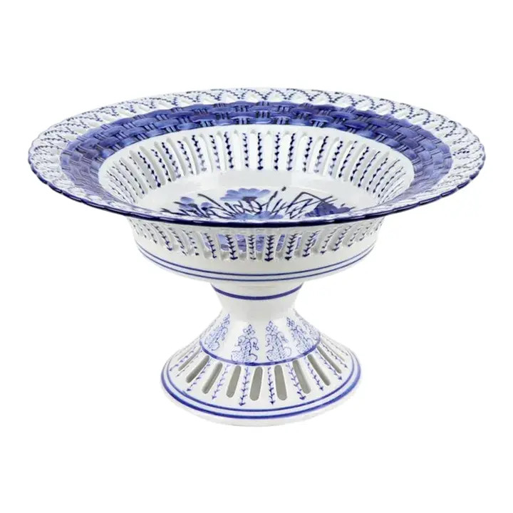 Pierced Blue & White Footed Dish, Medium | Chairish