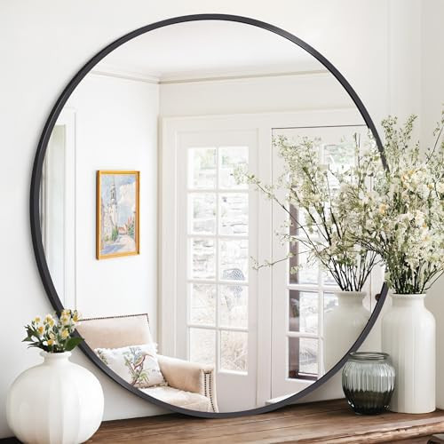 KOCUUY 42" Large Round Mirror, Black Circle Mirror for Wall, Metal Framed Round Mirror, Big Wall Mounted Bathroom Mirror Round, Modern Vanity Mirror Circular Mirrors for Wall, Over Sink, Living Room | Amazon (US)