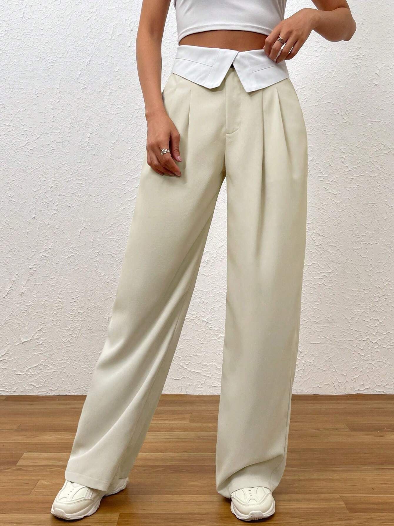 SHEIN EZwear Fold Pleated Detail Foldover Waist Wide Leg Suit Pants | SHEIN